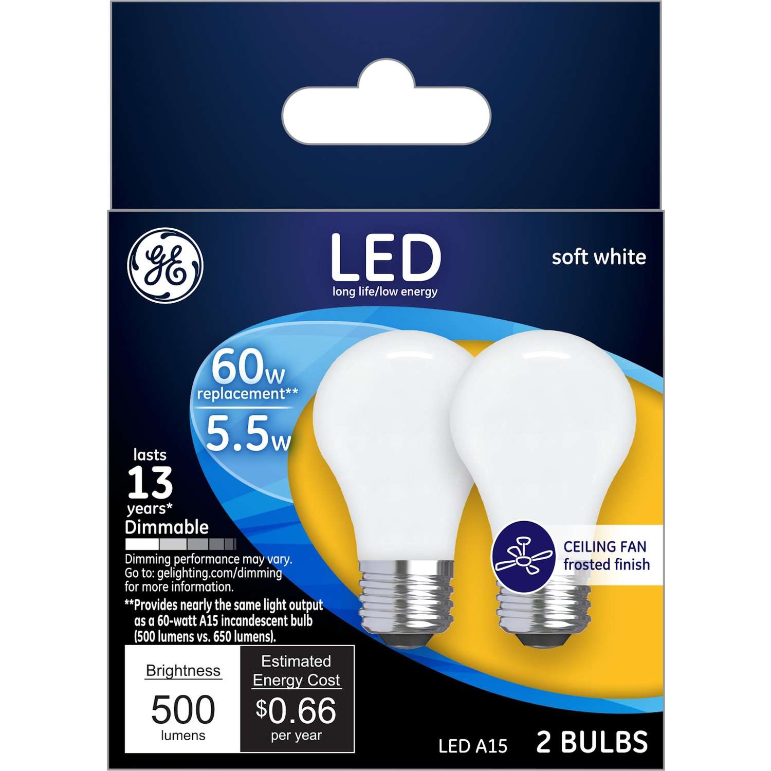 2 Piece 500-Lumen Medium Base GE Lighting 36982 Frosted Finish Light Relax HD Dimmable LED A15 Ceiling Fan Bulb 5.5 2-Pack White 60-Watt-Replacement 